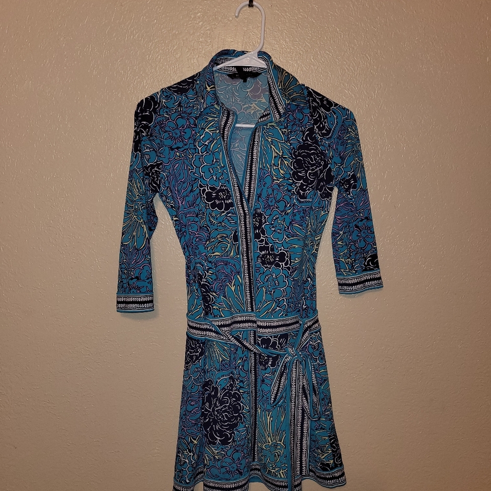 BCBGMaxazria Floral Turquiose Print Belted Dress Size XXS